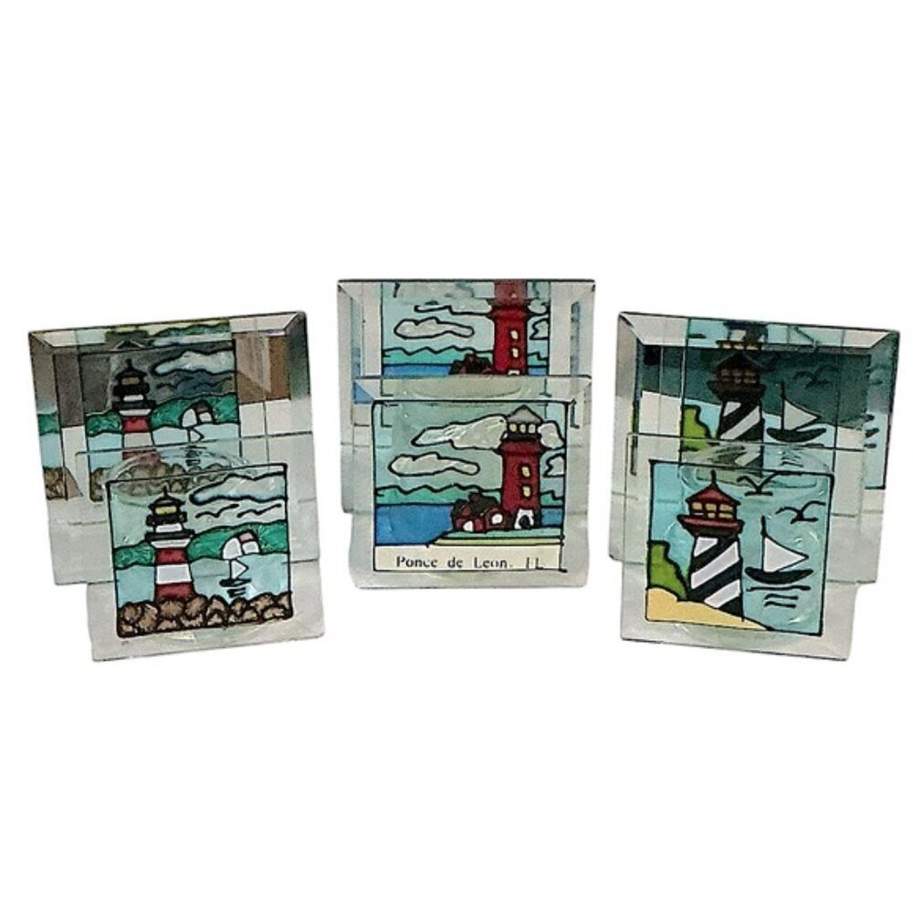 Lighthouses Vintage Assorted Candle Holders Stained Art Glass Nautical Decor 3